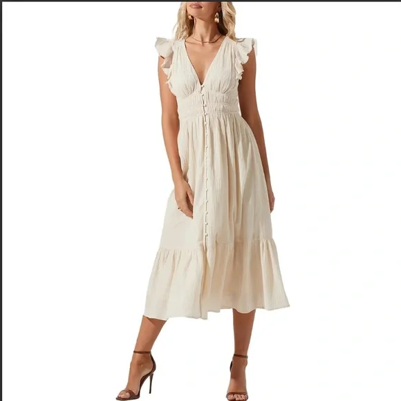 Astr | Dresses | New Astr The Label Montreal Ruffled Buttoned Flutter  Sleeve Midi Dress Med Nwt | Poshmark